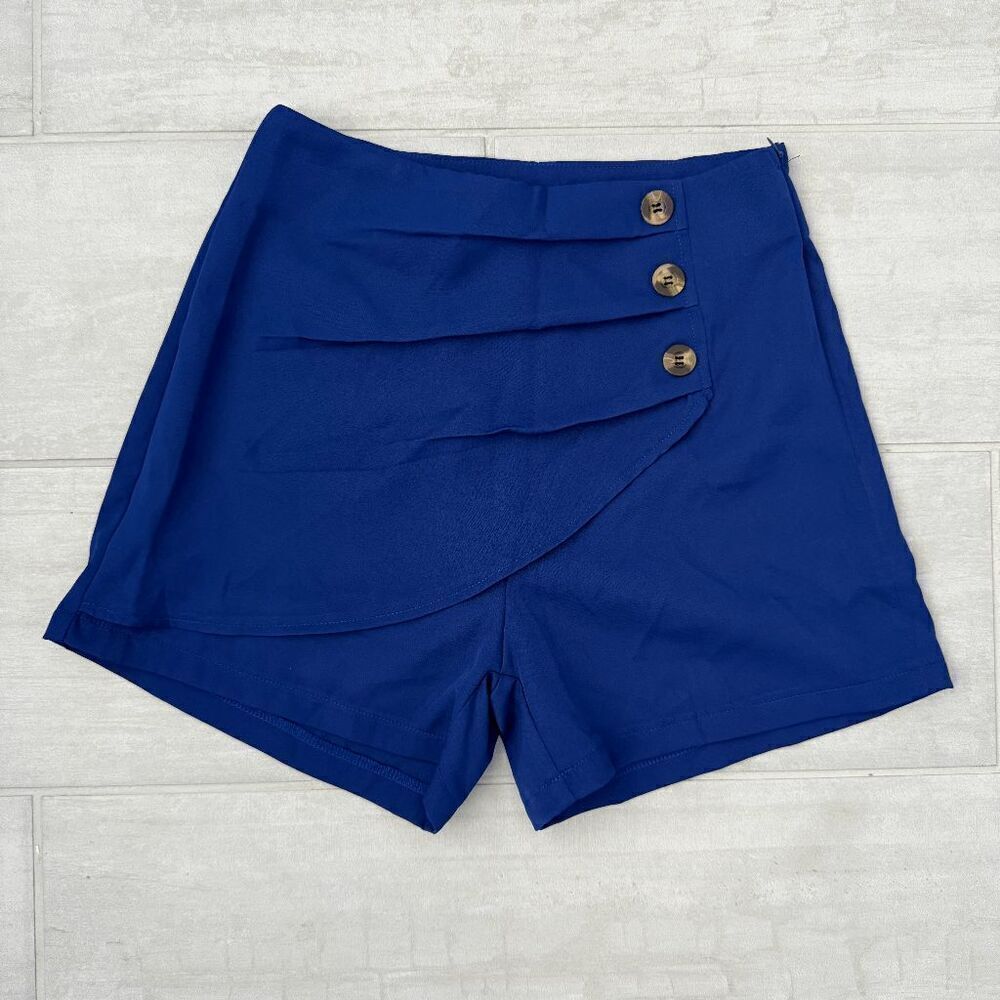 Wrapover Button Shorts Skort Sailor Blue Side Zipper Small High Waisted 4" insea